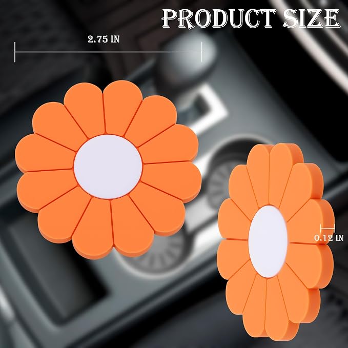 2-Pack Car Cup Holder Coaster Inserts, Daisy Shape, 2.75 Inch Non-Slip Silicone Cup Holder Insert, Universal Non-Slip Cup Holders, Car Accessories Interior for Women and Man (Orange)