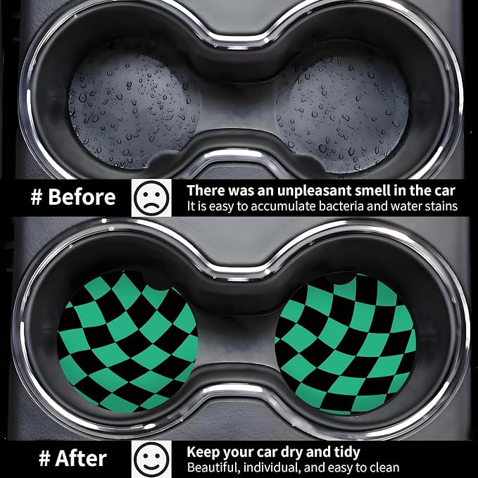 Black Green Checkerd Car Coasters for Cup Holder Absorbent Ceramic Cup Coaster 2 Pack Anti Slip Car Interior Accessories with Finger Notch Cork Base for Women Men 2.56"