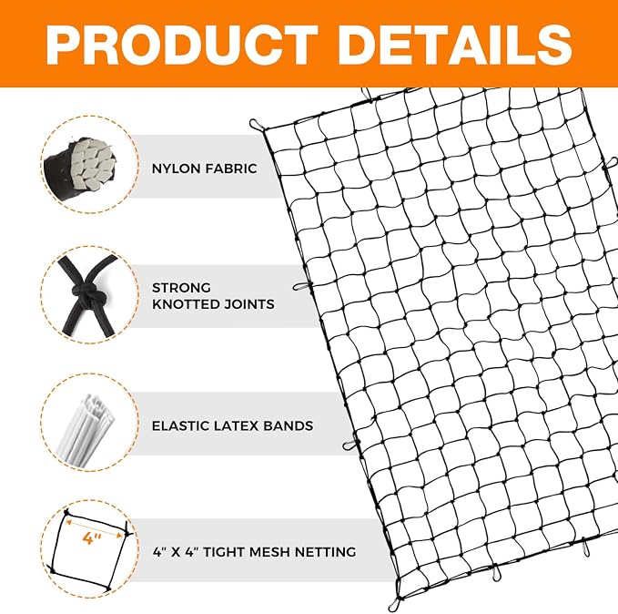 Cargo Net 4’x6’ Truck Bed Bungee Mesh 12 Carabiners | Stretches to 8’x12’, tangle-free hooks, storage bag included, pickup truck SUV trailer compatible, universal bed accessories