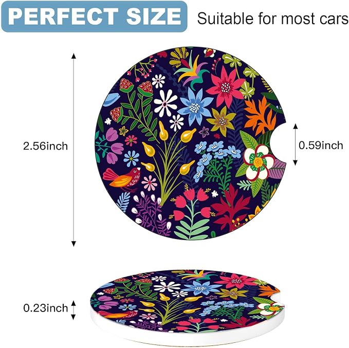 Car Cup Holder Coaster Set of 2, 2.56 in Ceramic Coasters, Scratch-Resistant Cork Backing, Finger Groove Design for Easy Placement, Cute Car Accessories Interior for Women (Tropical Flowers)