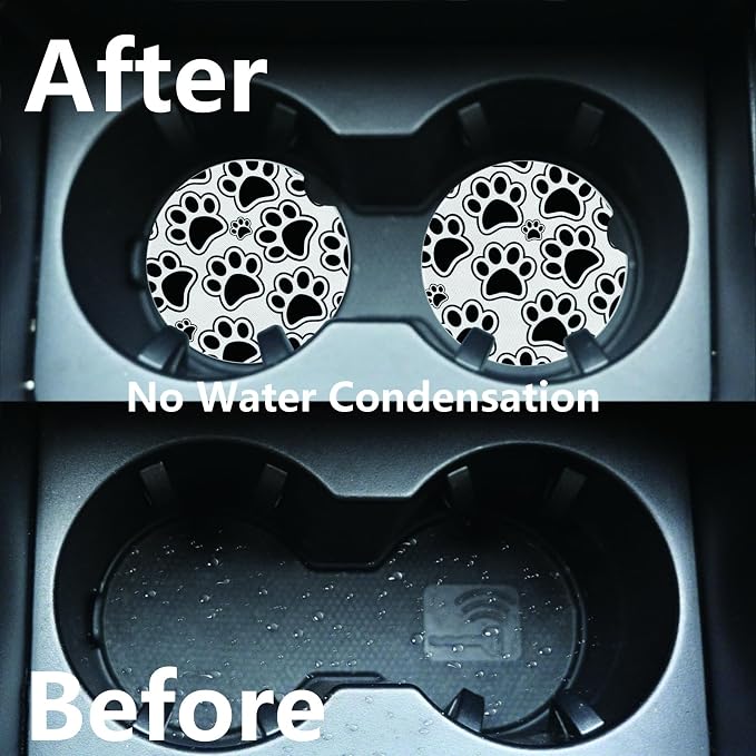 2pcs Black Dog Paw Print Car Coasters,Absorbent Universal neoprener Cup Holder Coasters with a Finger Notch,Car Accessories for Women&Man Interior，2.75"