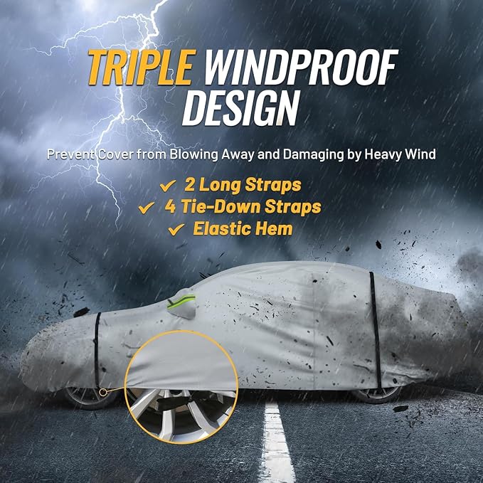 Favoto Car Cover Waterproof All Weather Windproof for Hatchback 157-171’’ | UV Protection, Soft Cotton Lining, Driver Door Zipper, Reflective Strips and Storage Bag Included with Vehicle Fitment Silver