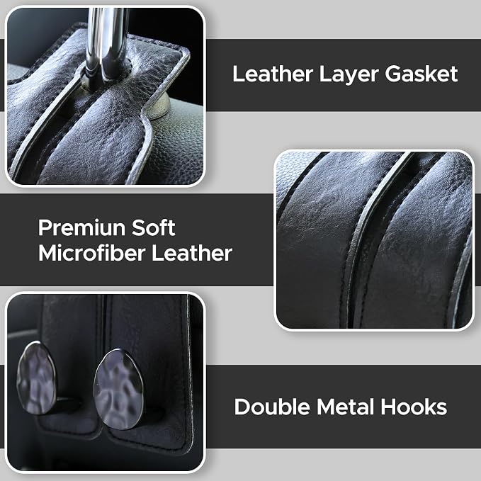 Leather Car Purse Hook for Headrest, 4 Pack (Black-Black) | Twin Hooks Headrest Hangers, 2/4 Pack, No-Slip, Scratch-Proof, Holds Purses, Backpacks, Grocery Bags, Car Organizer Gift
