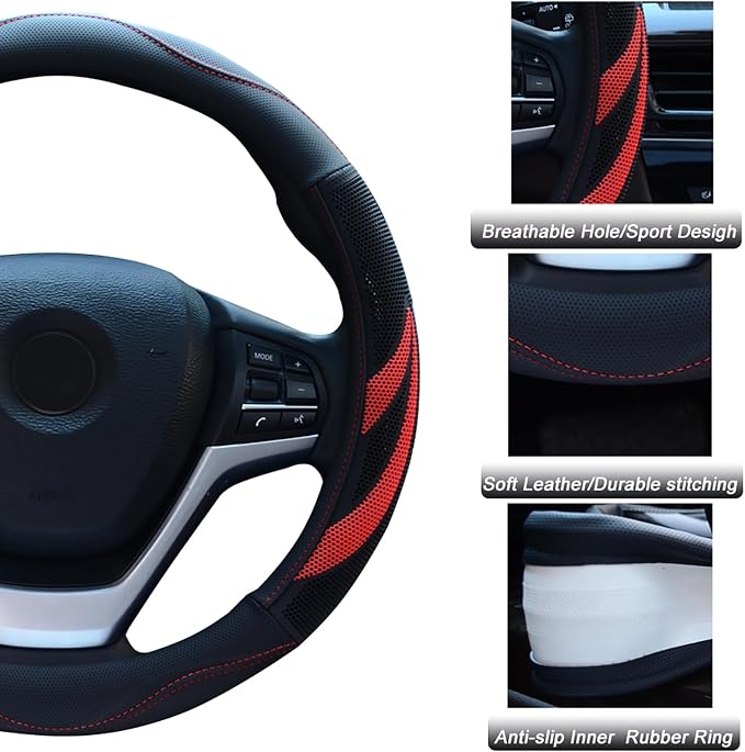 Alusbell Microfiber Leather Steering Wheel Cover Breathable Auto Car Steering Wheel Cover for Women and Men Universal 15 Inches Red