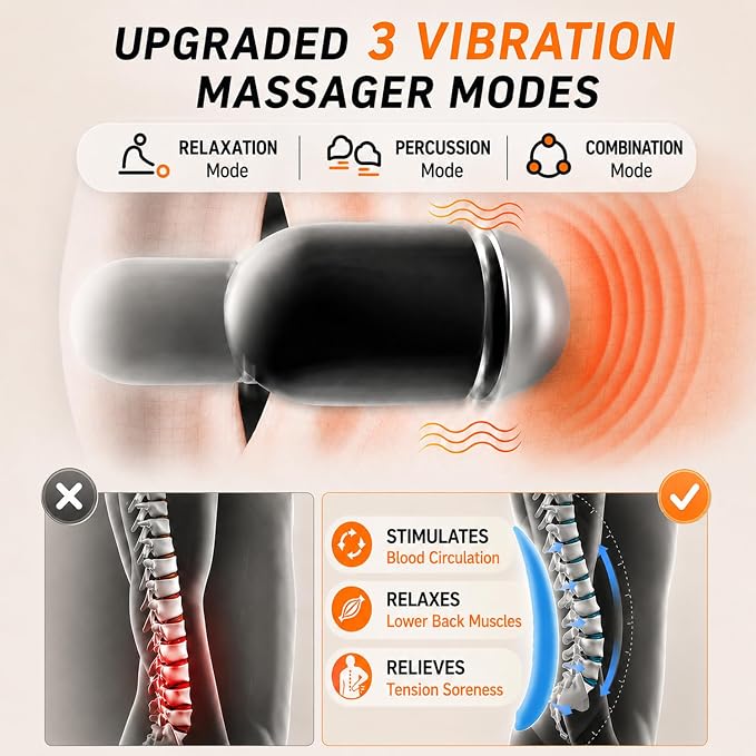 Upgraded 3-in-1 Triple Fusion Back Massager, Cordless Lumbar Support Pillow with Heat, Massage, Electric Stretch for Pain Relief, Lower Back Massager with 3000mAh Rechargable for Bed Office Chair Car