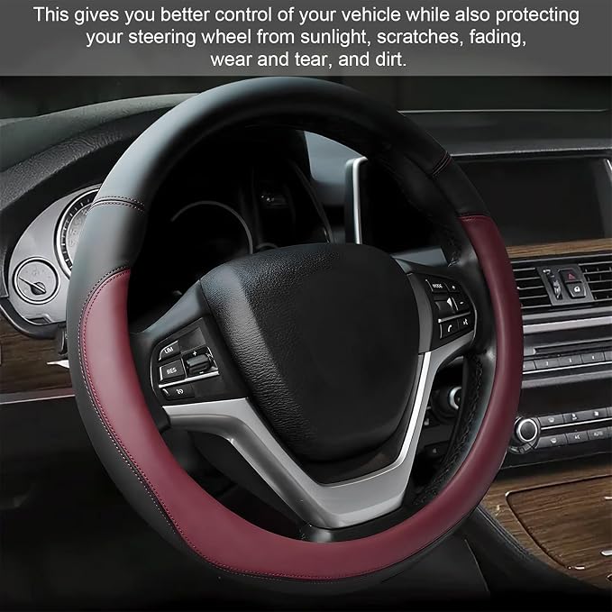 Leather Steering Wheel Cover, Anti-Slip Full Surround Car Wheel Protector with Comfortable Grip, Universal Elastic Decorative Cover Fit for 14 1/2-15 Inch Steering Wheels (Wine Red)