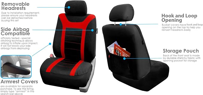 FH Group Car Seat Covers Sports Seat Covers Front Seats Only, Airbag Compatible Red Black Automotive Seat Cover Combo Small Car Seat Cover Design Universal Fit Interior Accessories Cars Trucks SUVs