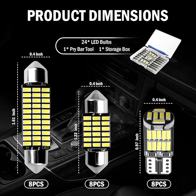 24PCS LED Interior Car Lights Kit,T10/31mm/41mm Car LED Lights Interior Replacement for Map Dome Door Trunk Light,Universal LEDs Light for Cars Interiors Fit for Most Cars/SUVs
