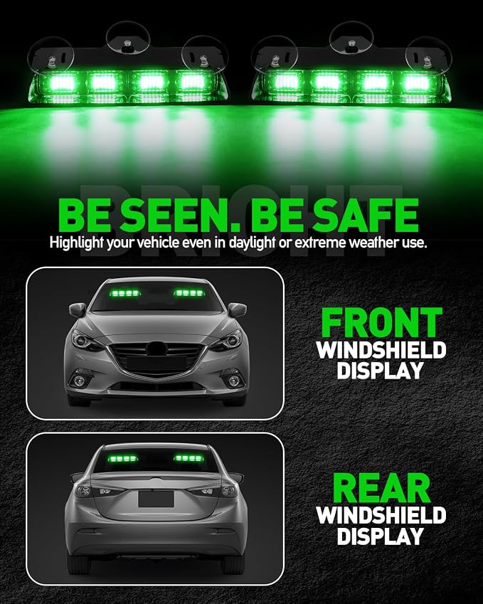 HLauto 2002L Emergency Dash Strobe Lights: Green Safety Lights, Flashing Warning Hazard Windshield Visor Traffic Light Bars for Trucks, Construction Vehicles (2x8.5 inch, 48LED)