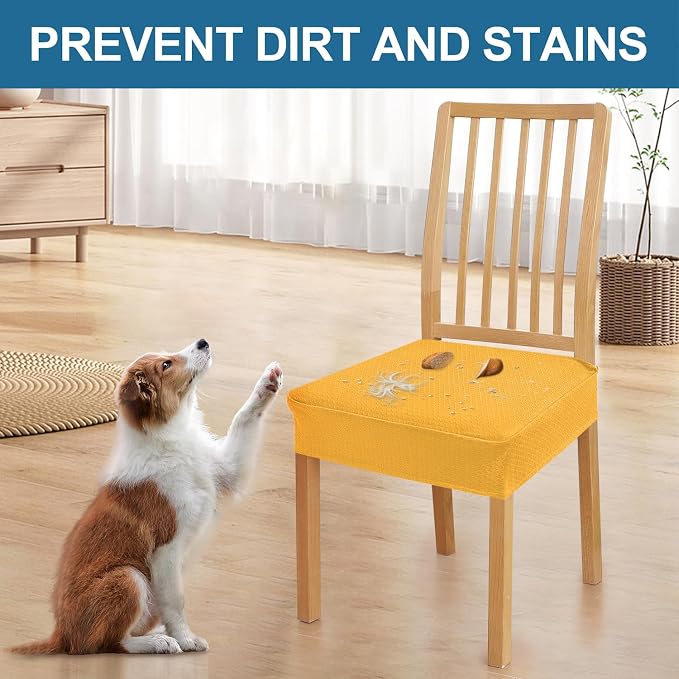 Smiry Waterproof Seat Covers for Dining Room Chairs Set of 2, Stretch Jacquard Removable Washable Chair Seat Slipcovers Protector, No Rear Covers, Mustard Yellow
