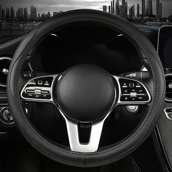 Genuine Leather Steering Wheel Cover, Real Cowhide for 14.5-15 Inch Steering Wheels, Universal Fit for Cars and Trucks (Black)