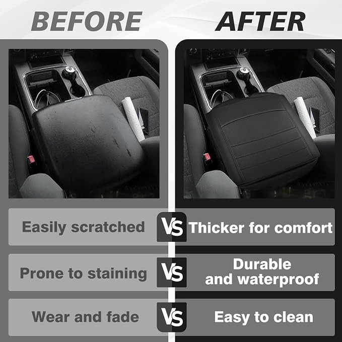 Muslogy Center Console Armrest Cover Fit for Dodge Ram1500/2500/3500 2013-2018 Accessories, Comfort Armrest Pad Console Lid Cushion Vegan Leather 1-Inch Extra Thick(Bucket Seat ONLY)