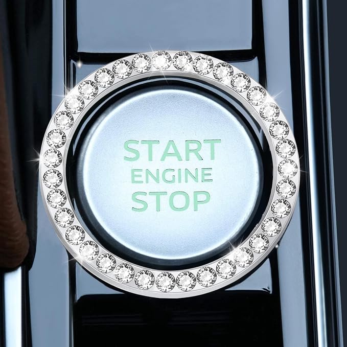 LivTee 2 PCS Crystal Rhinestone Car Engine Start Stop Decoration Ring, Bling Car Interior Accessories for Women, Push to Start Button Cover Sticker, Automotive Decals, White