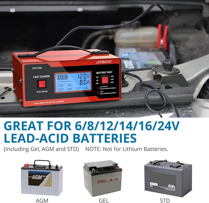 AUTOUTLET Upgraded 8 Volt Battery Charger for Golf Cart Automotive Battery Charger and Maintainer 0-14A with Cable Clamps for 6/8/12/14/16/24V Lead-Acid Batteries