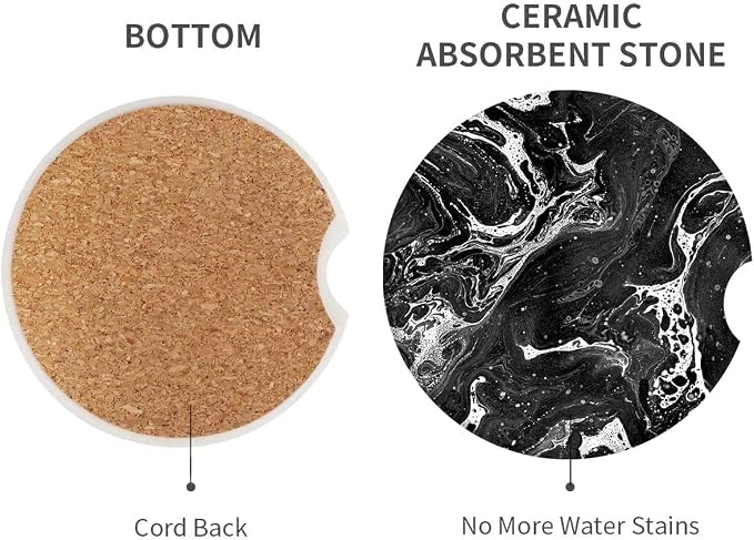 Britimes Absorbent Car Coasters 2 Pack for Cup Holders, 2.56" Ceramic Stone & Non-Scratch Cork Base Drink Coasters Black Marble