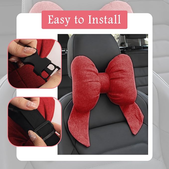 Cute Bow Car Headrest Pillow,Comfortable & Breathable Car Neck Pillows for Relief Neck Fatigue,Universal Head Rest Pillow for Cars Decoration as Birthday Gifts for Women,Girl (Red)