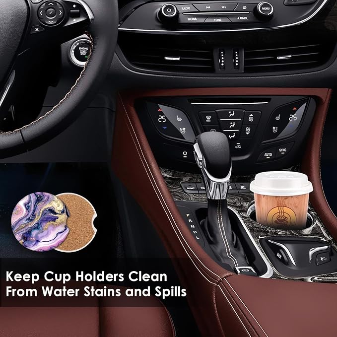 Britimes Car Coasters for Drinks Absorbent, 2 Pack Cup Holders, 2.56" Ceramic Stone & Non-Scratch Cork Base Coasters Cupholder, Auto Accessories for Women & Men, Marble Gold Natural Luxury Paint