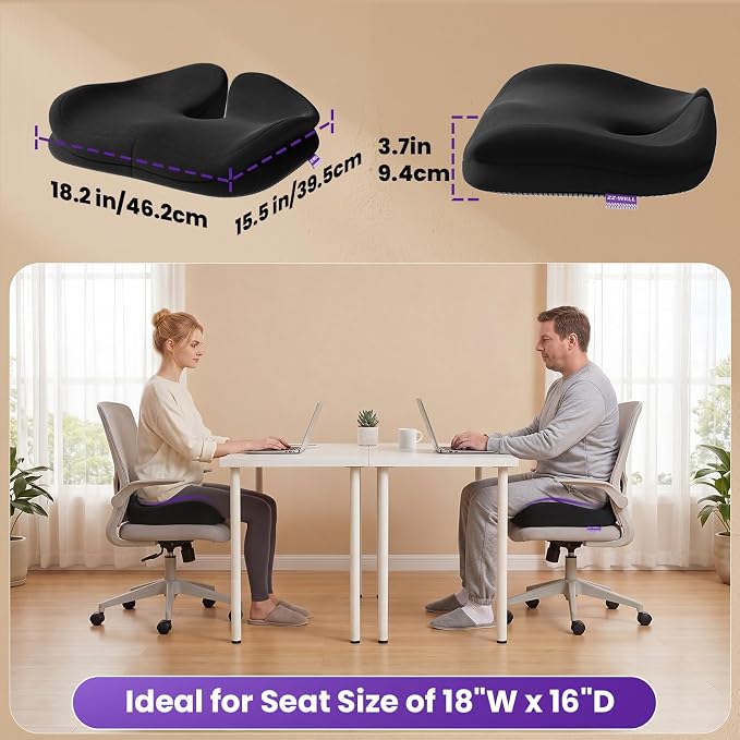 ZZ-WELL Seat Cushions for Office Chairs, Patented Pressure Relief Coccyx Cushion for Tailbone Pain, Memory Foam Butt Pillows for Wheelchair Car Sitting, Carrying Handle, Non-Slip (Black, Large)