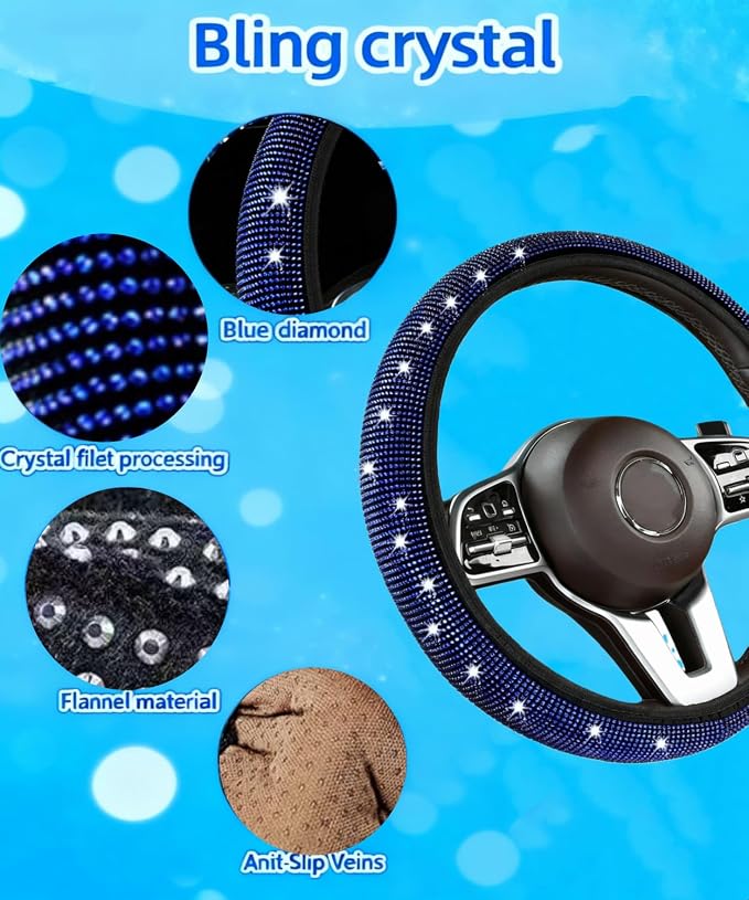 11 pcs Bling Car Accessories Set for Women,Steering Wheel Cover,Sparkly Seat Belt Covers,Daisy Vent Clips,Bling Shift Cover,Car Cup Holder Coaster,Universal Fit Most Cars (Blue Diamond)
