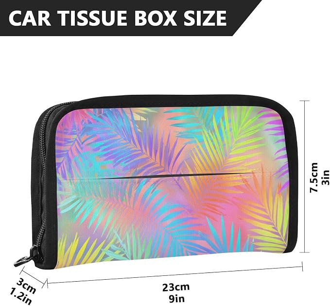 Car Tissue Holder Car Napkin Holder Tissue Box Dispenser Storage Case Sun Visor Mask Holder Accessories with Adjustable Straps Reusable Refillable Rainbow Palm Leaf Vibrant Tropical