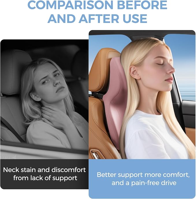 BEBAS Car Headrest Pillow, Ergonomic Neck Pillow with Memory Foam, Enlarged Surface for Head Neck Shoulder Support, Breathable Removeable Car Seat Pillow for Pain Relief(Pink, 1 Pack)