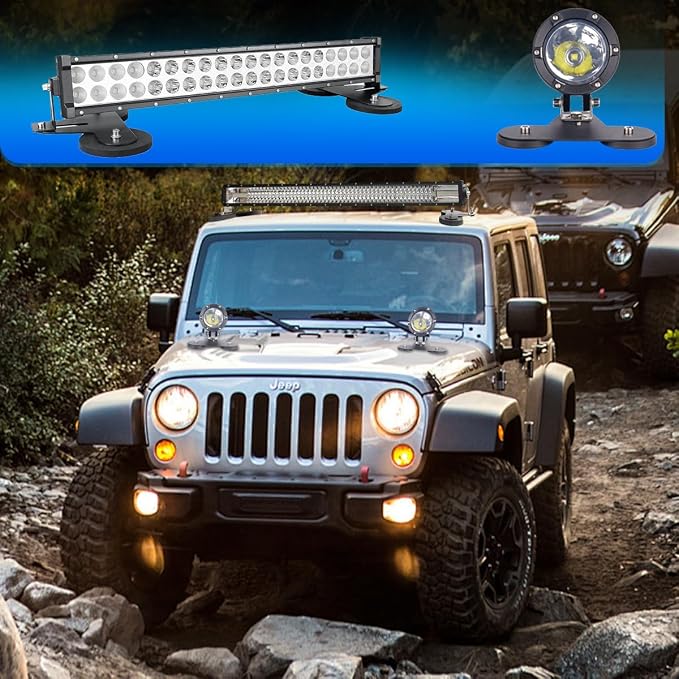 Magnetic Base LED Light Bar Mounting Brackets, Magnetic Light Bar Base for Straight Curved Side-Mounted LED Light Bar Mounting on Hood Roof（2PCS）