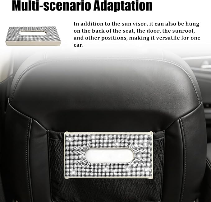 Bling Car Visor Tissue Holder, Shiny Rhinestone Leather Sun Visor Napkin Mask Case Holder Clip, Diamond AUT Paper Tissue Towel Box Dispenser, Universal Fit (White/Beige)