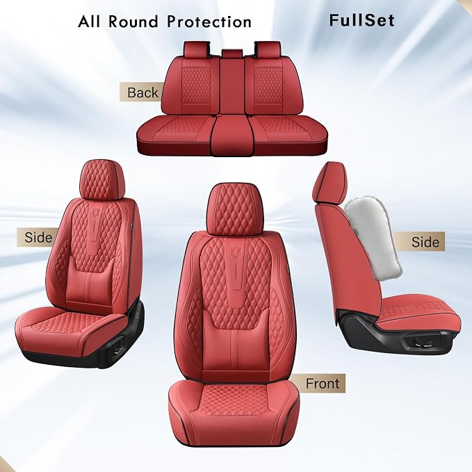 Coverado Car Seat Covers Front, Nappa Leather Seat Covers for Cars, Waterproof Seat Covers with Lumbar Support Universal Fit for Most Cars SUV Trucks, Automotive Seat Covers (Front, Red-Blackline)