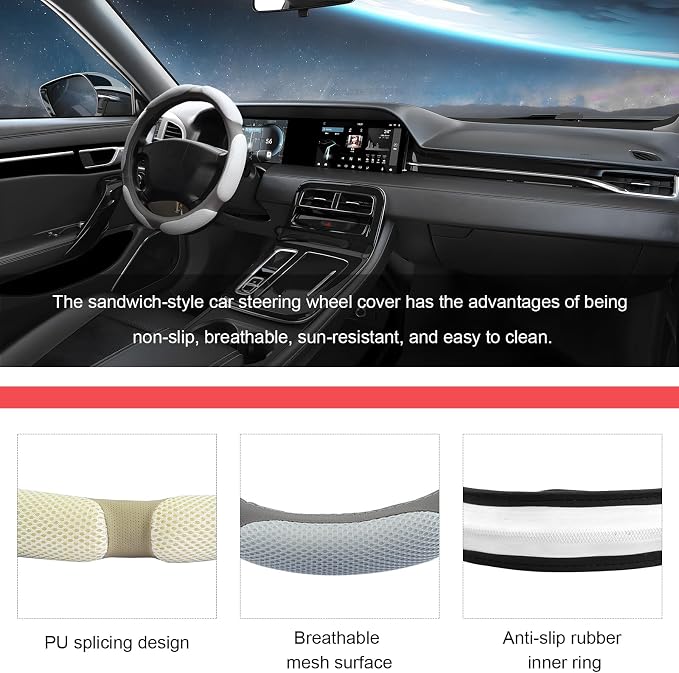 Car Steering Wheel Cover, 15" Breathable Ice Silk Auto Wheel Protector with Comfortable Grip, Anti-Slip Slip-on Steering Wheel Wrap Soft Hand Pad Cushion for Women Men (Gray)