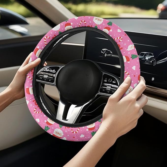 AFPANQZ Steering Wheel Cover for Women Sweat Absorbing Non-Slip Protection | Santa Claus Pink Print, Universal Fit Most Car Sedans SUVs, Comfort Grip Breathable Steering Wheel Protector