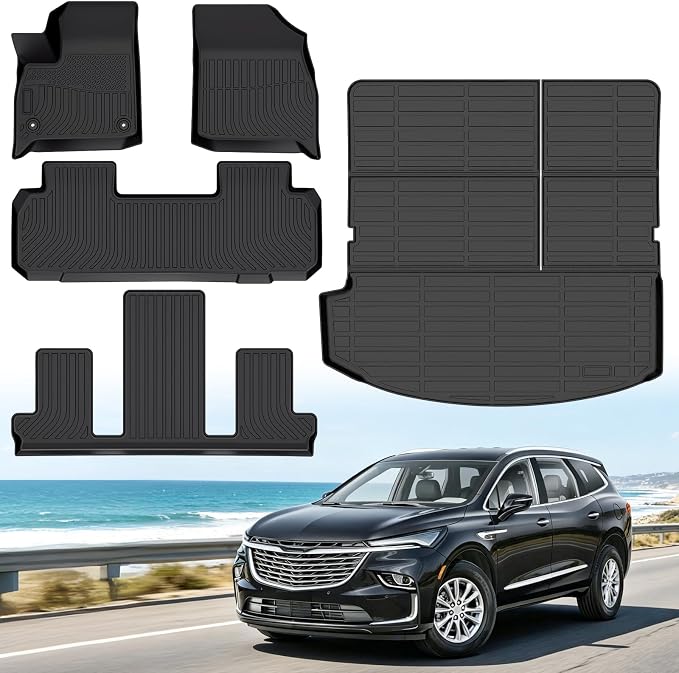 Floor Mats for Buick Enclave 2018-2024 | Heavy Duty TPE All Weather Protection, Waterproof Non-Slip Black Car Liners (Three-Row Floor Mats & Cargo Liner)
