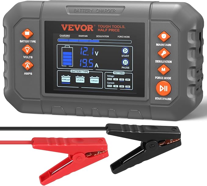 VEVOR Smart Battery Charger, 20-Amp, Lithium LiFePO4 Lead-Acid (AGM/Gel/SLA) Car Battery Charger with LCD Display, Trickle Charger Maintainer Desulfator for Boat Motorcycle Lawn Mower Deep Cycle