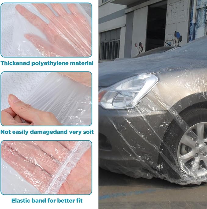 Molain 4 Pack Disposable Car Cover Clear Plastic Car Cover, Waterproof Universal Rain Dust Garage Covers with Elastic Band, Cars Covers for Outdoor Snow/Rain Weather Protection (12.4 ft x 21.6 ft)