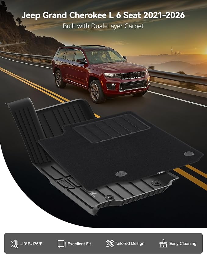3W Floor Mats & Cargo Liner – Full Set (1st, 2nd & 3rd Row with Carpet) for Jeep Grand Cherokee L 2021-2025 2026 (Only for 6 Seat), Custom Fit TPE, All-Weather Waterproof,Black