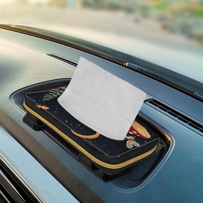 PU Leather Sun Visor Tissue Holder Moon Mushroom Car Visor Accessories Car Sun Visor Tissue Box Holder Mask Holder for Car Fits Sedans Vans Trucks