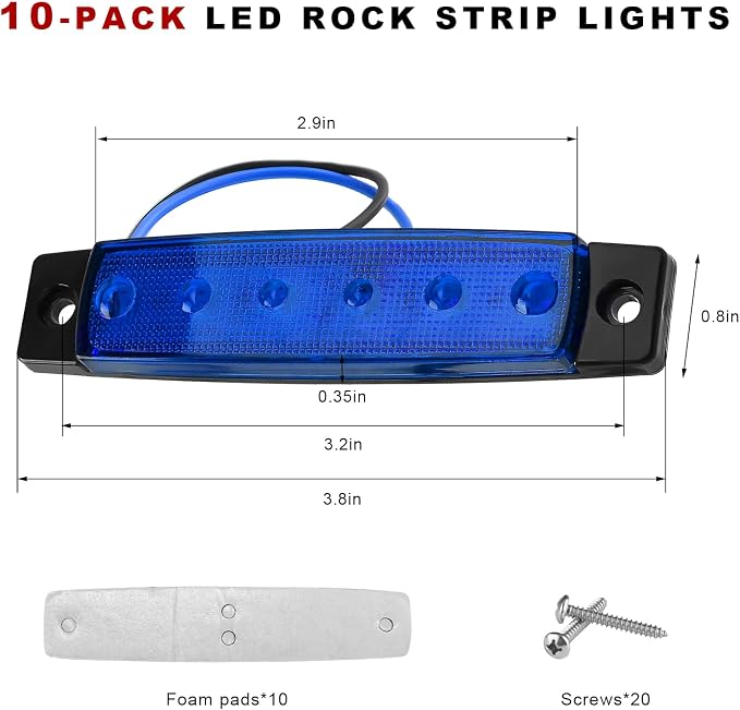 10 PCS Car LED Rock Strip Lights, 3.8" 6 LED Shockproof Thin Line Side Marker Clearance Light, Waterproof Exterior Underglow Wheel Fender Well Lighting Kit for Most Vehicles (Blue)