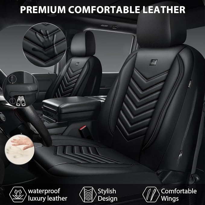 CAR PASS 3D Foam Faux Leather Seat Covers Front Seats,Waterproof Leather Front Seat Cover for Cars,Luxury Universal Fit for SUV Truck Sedan Automotive, Armrest Airbag Compatible Anti-Slip, Black