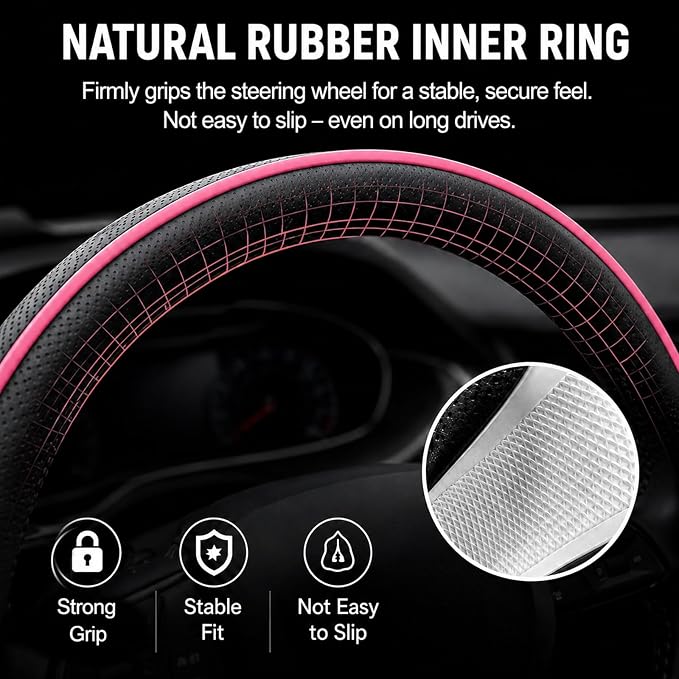 Car Steering Wheel Cover Full Surround - Soft Breathable Anti-Slip Heavyweight Safety Cover, Thick Cushioned Sports Style Universal Fit for Auto Truck SUV (Black/Pink)