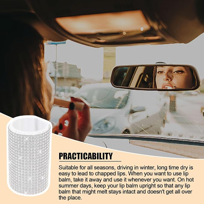 Upright Car Chapstick Holder, Bling Insulating Lip Balm Holder,Rhinestone Car Accessories for Women Interior ,Suitable for Most Vehicles. (White)