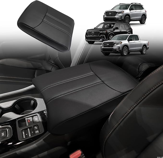 Muslogy Center Console Armrest Cover Fit for Honda Pilot 2023-2026, 2024-2026 Ridgeline/Passport Accessories, Comfort Armrest Pad Console Lid Cushion Vegan Leather Regular Thick(Black/White Trim)