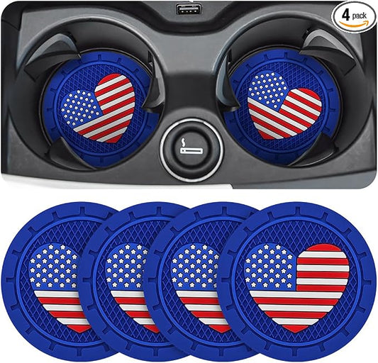 AUCELI 4 Pack Car Cup Holder Coasters, Colored American Flag US Flag Insert Car Cup Coaster, 2.75 Inch Anti Slip Shockproof Embedded Drink Mat, Vehicle Interior Decor Accessories