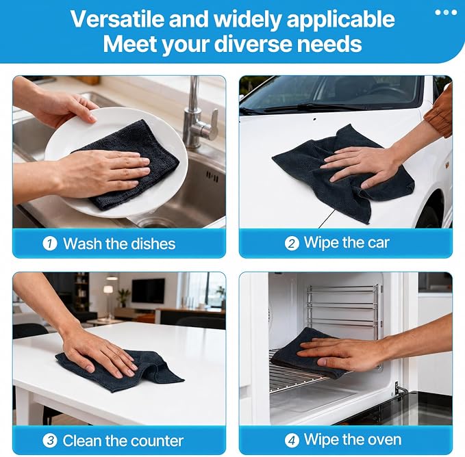 QYL Microfiber Cleaning Cloth,12 Pack Cleaning Rags, Cleaning Towels with 4 Color Assorted, 11.8"X11.8", Black