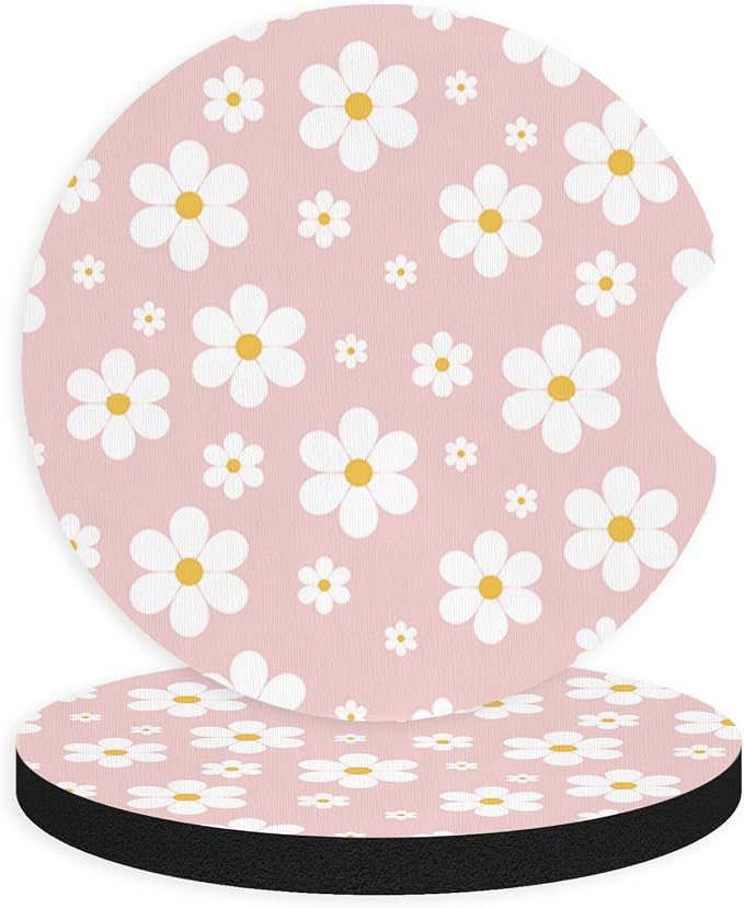 2pcs Cute White Flowers Car Coasters,Absorbent Universal neoprener Cup Holder Coasters with a Finger Notch,Car Accessories for Women&Man Interior，2.75" 3