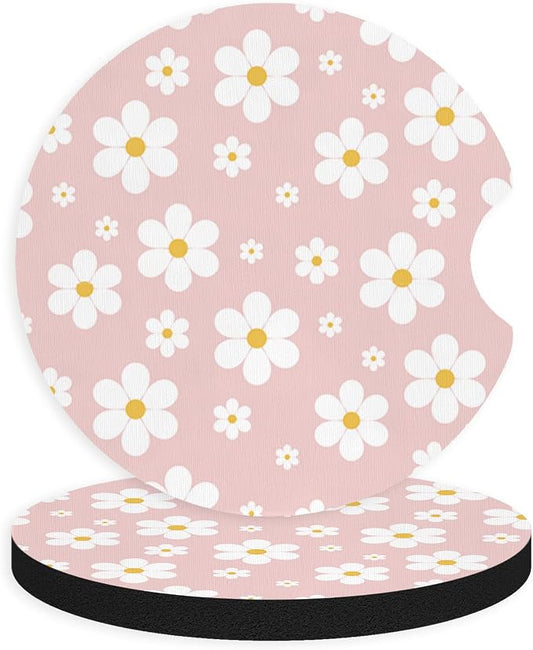 2pcs Cute White Flowers Car Coasters,Absorbent Universal neoprener Cup Holder Coasters with a Finger Notch,Car Accessories for Women&Man Interior，2.75" 3