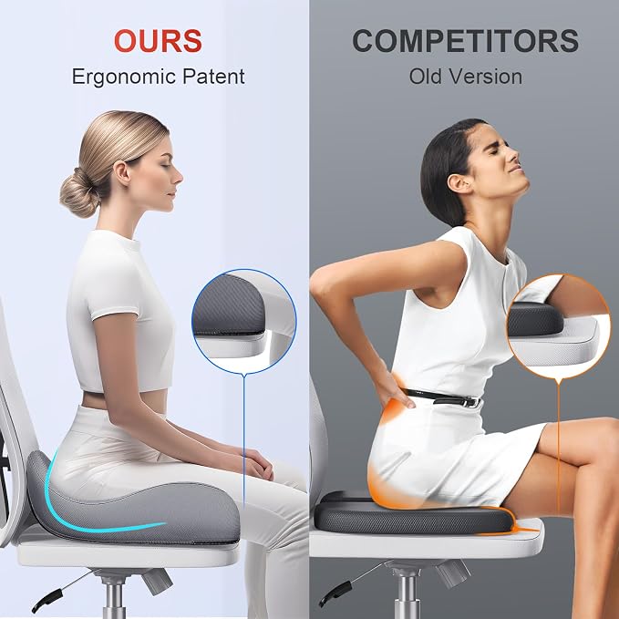 Benazcap X-Large Cooling Memory Foam Seat Cushion, Sciatica Pain Relief | Cool breathable cover, ergonomic cushion for long sitting. Eases sciatica & tailbone pain for office and gaming chairs