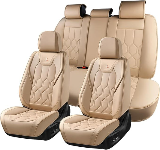 Huidasource Seat Covers Full Set, Universal Fit for Cars SUVs Trucks, Beige | Full Coverage Leather Car Seat Cover, Airbag, Cupholder Compatible, Seat Function Retain, Velcro Adjustable