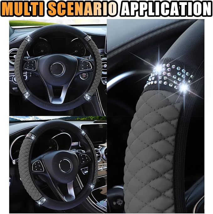 JOYCOURT 15 Inch Bling Soft Leather Car Steering Wheel Cover, Grey | Colorful Rhinestones Design, Auto Elastic Protector for Women Girls, Crystal Diamond Car Accessories for Most Cars, SUVs