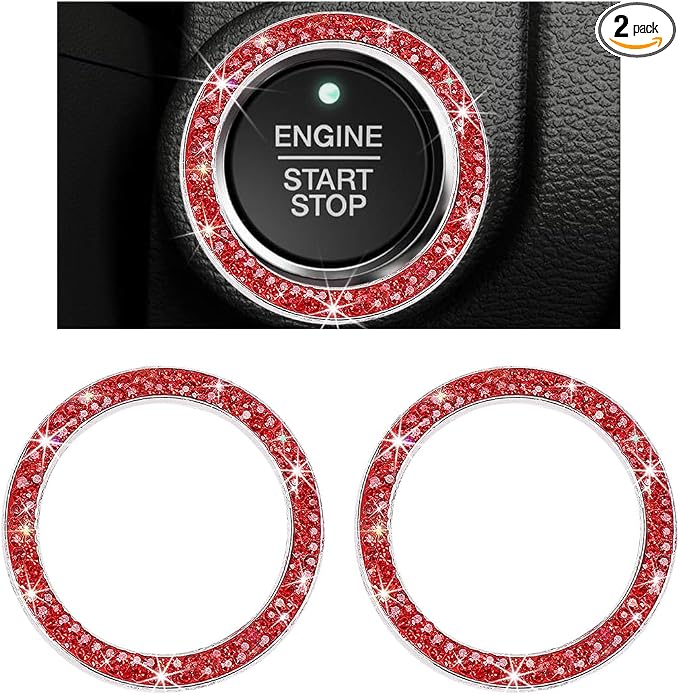 2 PCS Car Bling Crystal Rhinestone Engine Start Ring Decals, Sparkling Diamond Car Push Start Button Ignition Ring Sticker, Auto Key Ignition Knob Ring Decoration for Women Girls (Red)