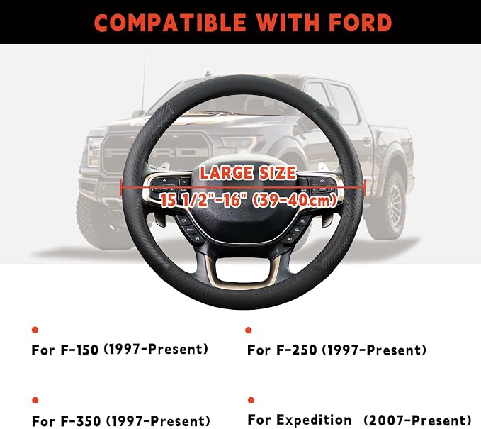 Steering Wheel Cover for Ford F150 F250 F350 1997-2026, Half Carbon Fiber | Compatible with F-150 F-250 F-350, Expedition 2007-2026, Nappa Leather, Anti-slip Grip, Non-slip, Large Size 15.5-16 Inch