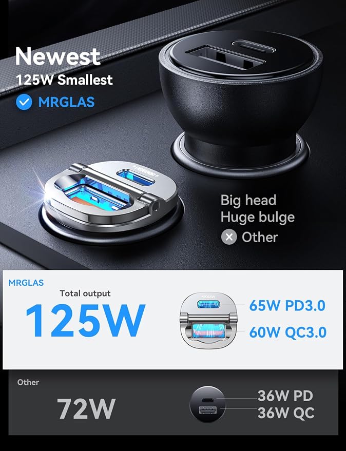 MRGLAS 125W USB C Car Charger, USB C Car Charger Adapter Fast Charging | [Mini & Metal][PD65W & QC60W] Dual Port Type C Cigarette Lighter USB Charger for iPhone 16 15 Pro Max S25 MacBook-Silver Gray